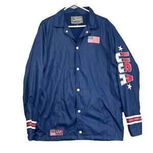 Brooklyn Cloth Men Sz M Coaches Jacket Windbreaker USA Flag Navy Blue Snap Front